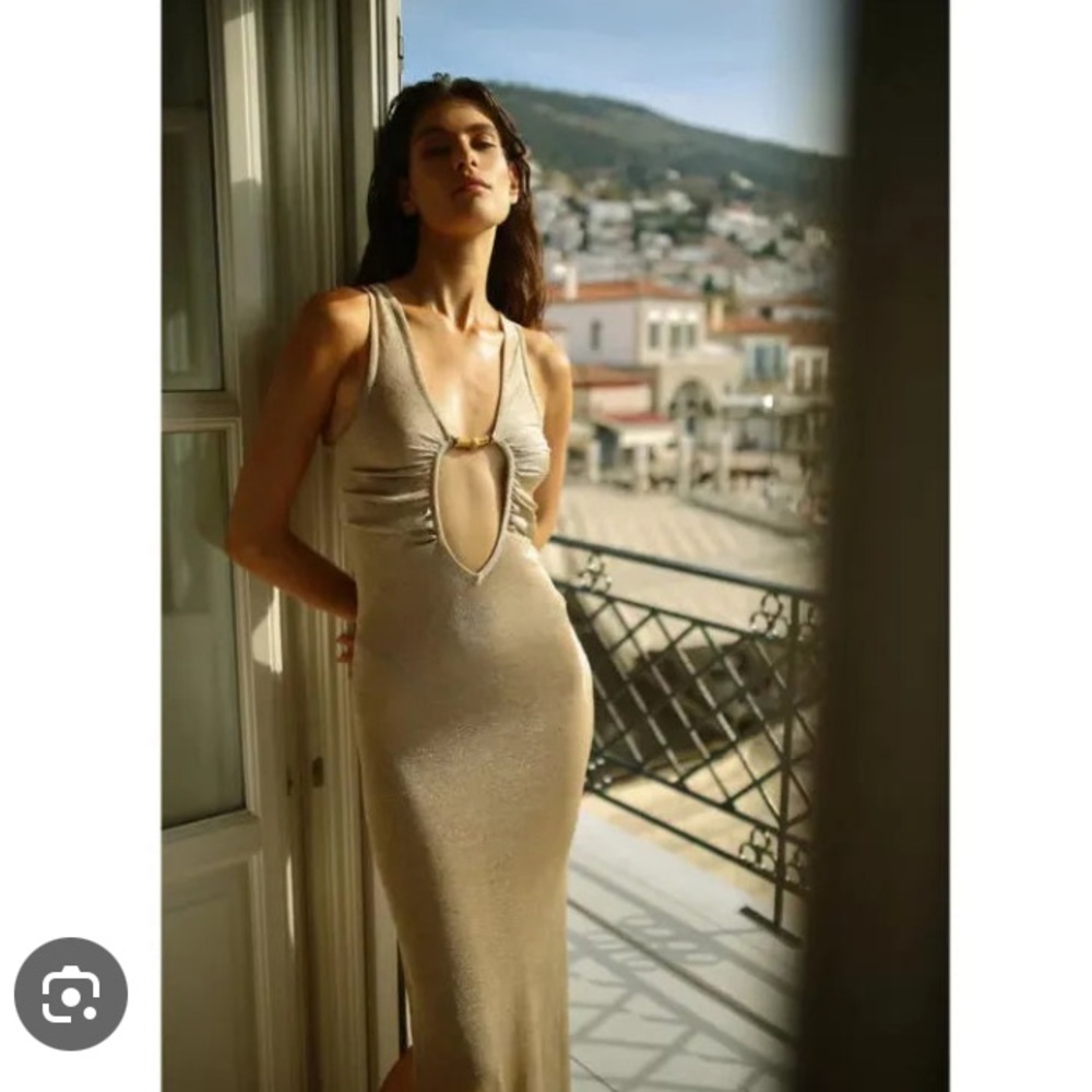 Shani Shemer Swim FWRD Resortwear Sheer Metallic Gold Cutout Slit Maxi Dress XS